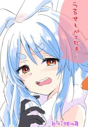Rule 34 | 1girl, bare shoulders, black gloves, blue hair, blush, braid, brown eyes, carrot hair ornament, commentary request, don-chan (usada pekora), ear blush, ears down, food-themed hair ornament, gloves, hair between eyes, hair ornament, hand up, highres, hololive, kiritoma, long hair, looking at viewer, open mouth, rabbit-shaped pupils, short eyebrows, signature, simple background, solo, symbol-shaped pupils, thick eyebrows, translation request, twin braids, twintails, upper body, usada pekora, usada pekora (1st costume), virtual youtuber, wavy mouth, white background