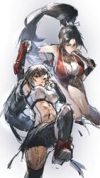 2girls armpits asina71 black_bra black_gloves black_hair black_shorts black_skirt black_thighhighs boots bra breasts cleavage crossover elbow_gloves female_focus final_fantasy final_fantasy_vii final_fantasy_vii_remake folding_fan gloves hair_tie hand_fan highres holding holding_fan japanese_clothes large_breasts long_hair midriff miniskirt motoyui multiple_girls navel open_mouth pelvic_curtain ponytail red_boots revealing_clothes shiranui_mai shirt shorts sketch skirt sleeveless sleeveless_shirt smile snk sports_bra suspenders the_king_of_fighters thighhighs tifa_lockhart trait_connection underwear upskirt white_shirt