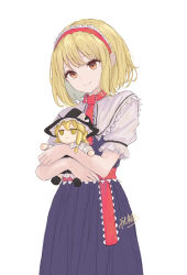 1girl absurdres alice_margatroid blonde_hair blue_dress capelet character_doll commentary doll double-parted_bangs dress fumo_(doll) hairband hat highres holding holding_doll kashiwada_kiiho kirisame_marisa orange_eyes red_hairband short_hair simple_background smile solo touhou white_background witch_hat
