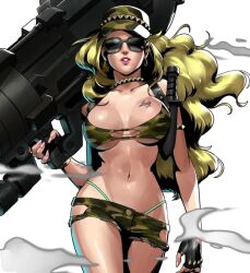 Rule 34 | 1girl, aqua panties, artist request, black gloves, blonde hair, breast tattoo, breasts, camouflage, camouflage bikini top, camouflage hat, camouflage shorts, cap, choker, earrings, fingerless gloves, glasses, gloves, holding, holding weapon, jewelry, julia (metal slug), knife, knife sheath, large breasts, lipstick, long hair, makeup, metal slug, metal slug attack, midriff, navel, official art, panties, pink lips, pink nails, sheath, shorts, simple background, smoke, solo, stomach, sunglasses, tagme, tattoo, thighs, underwear, weapon, white background