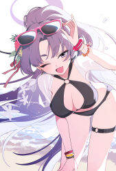 1girl adjusting_eyewear bikini black_bikini blue_archive breasts cleavage eyeshadow eyewear_on_head fang flower hair_flower hair_ornament halo hand_on_eyewear hand_on_own_knee highres leaning_forward looking_at_viewer makeup nichaku o-ring o-ring_bikini official_alternate_costume official_alternate_hairstyle pink-framed_eyewear pink_flower ponytail purple_hair purple_halo red_eyeshadow skin_fang solo swimsuit thigh_strap yukari_(blue_archive) yukari_(swimsuit)_(blue_archive)