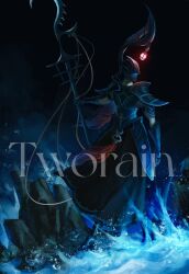 armor artist_name black_skirt character_request colored_skin commentary commission copyright_request dark_background english_commentary full_armor full_body grey_skin highres holding holding_staff lamp skirt staff standing tassel tworain_w water watermark waves