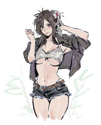 1girl armpit_peek belt belt_buckle black_hair breasts buckle cleavage closed_mouth collarbone commentary cowboy_shot crop_top denim denim_shorts final_fantasy final_fantasy_vii final_fantasy_vii_rebirth final_fantasy_vii_remake flower frayed_shorts hair_flower hair_ornament hair_up hands_up highleg highleg_panties highres large_breasts light_blush lips long_hair looking_at_viewer midriff morgengischt navel official_alternate_costume official_alternate_hairstyle open_clothes open_shirt panties purple_shirt red_eyes red_lips ribbed_shirt shirt short_shorts shorts sidelocks simple_background solo stomach symbol-only_commentary tank_top tifa_lockhart tifa_lockhart_(majestic_glamour) underboob underwear white_background white_flower white_tank_top