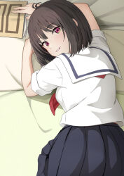 1girl ass bed_sheet black_hair bob_cut book commentary_request commission gibun_(sozoshu) green_eyes highres holding holding_book looking_at_viewer looking_back multicolored_eyes on_bed osanai_yuki pink_eyes pixiv_commission school_uniform serafuku shoushimin_series solo teeth two-tone_eyes