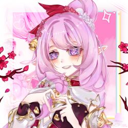 Rule 34 | 1girl, bell, branch, cherry blossoms, chinese commentary, commentary request, diamond-shaped pupils, diamond (shape), dress, elf, elysia (herrscher of human: ego) (honkai impact), elysia (honkai impact), elysia (peachy spring) (honkai impact), flower, four-finger heart hands, hair bell, hair flower, hair ornament, heart, heart hands, honkai (series), honkai impact 3rd, long hair, mistraitangyu, official alternate costume, pink hair, pointy ears, purple eyes, red dress, smile, solo, symbol-shaped pupils, upper body, very long hair