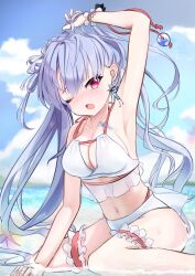 1girl ;o absurdres alternate_costume arm_up armpits bare_shoulders bikini black_bow blue_hair blue_sky blush bow breasts butterfly_earrings cleavage cloud collarbone commentary day earrings eyebrows_hidden_by_hair floating_hair foot_out_of_frame frilled_thigh_strap frilled_wrist_cuffs frills glint hair_between_eyes halterneck highres holding holding_own_hair jewelry large_breasts long_hair looking_at_viewer midriff miraikanai navel nose_blush ocean one_eye_closed open_mouth outdoors presenting_armpit red_eyes sitting sky solo sorakado_ao summer_pockets swimsuit thigh_strap thighs very_long_hair wariza white_bikini wrist_cuffs