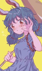 1girl :o animal_ears blue_dress blue_hair blush breasts commentary_request dress highres holding holding_mallet kine long_hair looking_at_viewer low_twintails mallet ok_sign open_mouth rabbit_ears red_eyes satomachi seiran_(touhou) short_sleeves simple_background small_breasts solo touhou twintails upper_body yellow_background
