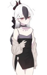 1girl black_bow black_choker black_dress black_hair blue_archive blush bow breasts brown_jacket chapoke choker closed_mouth collarbone commentary_request cowboy_shot demon_horns double-parted_bangs dress ear_piercing gradient_hair grey_nails hair_between_eyes hair_bow hair_horns halo hand_up highres horns jacket kayoko_(blue_archive) kayoko_(dress)_(blue_archive) long_hair long_sleeves looking_at_viewer mole mole_on_neck multicolored_hair notice_lines off_shoulder official_alternate_costume official_alternate_hairstyle pendant_choker piercing red_eyes short_dress side_slit simple_background sleeves_past_wrists small_breasts solo standing studded_choker two-tone_hair white_background white_hair