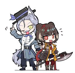 1boy 1girl adjusting_clothes adjusting_headwear animal_ears arknights ascot axe black_gloves black_hair black_pants black_sailor_collar black_skirt boots breasts brown_boots brown_coat brown_hair cat_boy cat_ears cat_tail chibi coat commentary crop_top dot_nose facial_hair full_body fur-trimmed_collar fur_trim gloves grey_hair hair_ornament harold_(arknights) highres holding holding_axe izumonokuni leto_(arknights) looking_at_viewer mustache neckerchief notice_lines one_eye_closed open_mouth pants partially_fingerless_gloves red_eyes red_neckerchief red_thighhighs sailor_collar shirt short_hair simple_background skirt slit_pupils smile tail teeth thighhighs upper_teeth_only white_ascot white_background white_shirt x_hair_ornament yellow_eyes