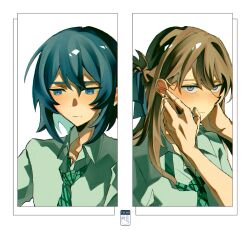 2girls absurdres artist_name blue_eyes blue_hair blush braid brown_hair closed_mouth collared_shirt commentary earrings english_commentary green_necktie half_up_braid hands_on_another&#039;s_face highres jewelry long_hair miyagi_shiori multiple_girls necktie open_collar purple_eyes sendai_hazuki shirt shuuniichido_classmate_wo_kau_hanashi simple_background stud_earrings visari white_background white_shirt yuri