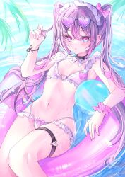 1girl absurdres bikini black_choker blush bow bracelet breasts choker eyewear_on_head hair_bow hair_ornament headdress heart heart-shaped_eyewear highres hololive innertube jewelry long_hair looking_at_viewer multicolored_hair navel pink_hair purple-tinted_eyewear purple_bikini purple_eyes purple_hair ririge small_breasts solo stomach sunglasses swim_ring swimsuit thighlet tinted_eyewear tokoyami_towa twintails virtual_youtuber water