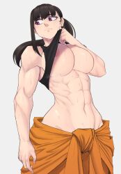 1girl abs black_hair breasts clothes_lift en&#039;en_no_shouboutai grey_background large_breasts limn044 maki_oze muscular muscular_female ponytail purple_eyes shirt_lift solo sweat tank_top