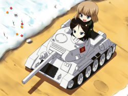 2girls artist_request black_hair blue_eyes carrying chibi emblem fang female_focus flower girls_und_panzer highres katyusha_(girls_und_panzer) light_brown_hair long_hair medium_hair military military_vehicle motor_vehicle multiple_girls nonna_(girls_und_panzer) open_mouth pravda_(emblem) pravda_military_uniform shoulder_carry smile snow source_request t-34 tank vehicle