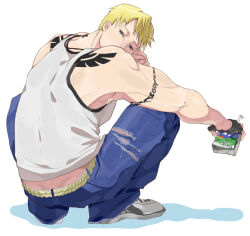 Rule 34 | 1boy, arm on knee, arm tattoo, back tattoo, bare shoulders, belt, black gloves, blonde hair, blue eyes, cody travers, commentary request, denim, drinking straw, fingerless gloves, gloves, holding, holding juice box, jeans, juice box, looking at viewer, male focus, multiple tattoos, official alternate costume, ohji130, pants, shadow, shirt, shoes, single glove, sneakers, solo, squatting, street fighter, street fighter iv (series), tank top, tattoo, torn clothes, torn jeans, torn pants, white shirt, white shoes, white tank top