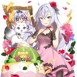 1girl animal brown_gloves cake dress flower food gloves grey_eyes grey_hair hair_flower hair_ornament long_hair multicolored_eyes off-shoulder_dress off_shoulder picture_frame pink_dress purple_eyes red_flower red_rose rose roselia_violet salt_(salty) uchi_no_hime-sama_ga_ichiban_kawaii