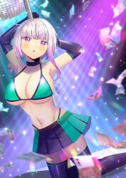 1girl arms_behind_back arms_up banknote bikini bikini_under_clothes black_collar black_thighhighs blurry blurry_foreground breasts cleavage collar commentary_request commission depth_of_field disco_ball green_bikini green_skirt grey_hair groin head_tilt kneeling kou_hiyoyo large_breasts long_hair money original parted_lips pleated_skirt pole purple_eyes purple_hair ribbon-trimmed_thighhighs ribbon_trim skeb_commission skirt solo swimsuit thighhighs