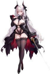Rule 34 | 1girl, admiral zenker (azur lane), azur lane, between breasts, black horns, black leotard, black ribbon, black thighhighs, blush, bow, breasts, center opening, cleavage, clothing cutout, cross, crossed legs, demon horns, earrings, frilled sleeves, frills, full body, groin, hair on horn, hand up, high heels, highres, holding, holding sword, holding weapon, horns, iron cross, jewelry, lace, lace-trimmed legwear, lace trim, large breasts, legs, leotard, long hair, long sleeves, looking at viewer, multicolored hair, navel, navel cutout, non-web source, official art, parted lips, rapier, red eyes, red hair, revealing clothes, ribbon, shrug (clothing), simple background, skindentation, smile, solo, standing, stomach cutout, streaked hair, sword, thighhighs, thighs, transparent background, very long hair, waist cape, watson cross, weapon, white hair, wide sleeves
