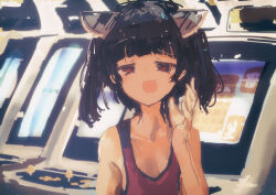1girl alternate_costume arcade_cabinet black_hair blurry blurry_background breasts commentary_request hand_up headgear highres kabuyama_kaigi looking_at_viewer medium_hair open_mouth raised_eyebrow red_eyes red_tank_top small_breasts smirk smug solo tank_top touhoku_kiritan twintails upper_body voiceroid