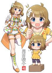 1girl :&lt; absurdres ahoge angry ankle_boots black_pants blue_eyes blush boots bow bowtie brown_hair chibi child collarbone dress eyelashes floral_print flower frilled_jacket frills full_body gloves hair_flower hair_ornament hand_on_own_hip hand_up hands_on_own_hips hands_up highres idolmaster idolmaster_million_live! idolmaster_million_live!_theater_days index_finger_raised jacket long_sleeves looking_at_viewer medium_hair multiple_views ngetyan official_alternate_costume open_mouth orange_bow orange_bowtie pants print_jacket puff_of_air puffy_short_sleeves puffy_sleeves scolding short_shorts short_sleeves shorts sidelocks single_thighhigh smile standing standing_on_one_leg stool suou_momoko suou_momoko_(triangle_to_circle) thigh_strap thighhighs thighs translated triangle_hair_ornament triangle_print v-shaped_eyebrows wavy_hair white_background white_boots white_gloves white_jacket white_shorts white_thighhighs yellow_dress