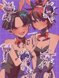 :i animal_ear_hairband animal_ears animal_hat aotsuki_eito blush bow bowtie copyright_name crossdressing fake_animal_ears ginzaki_shouma grid_background hairband hat highres kawati looking_at_viewer male_playboy_bunny maruko_gaku multicolored_hair omokage_yugamu pout purple_background purple_eyes rabbit_ear_hairband rabbit_ears rabbit_hat rabbit_tail red_bow red_bowtie red_eyes red_hair sumino_takumi sweat tail the_hundred_line_-last_defense_academy- trap tsukumo_ima yakushiji_takemaru