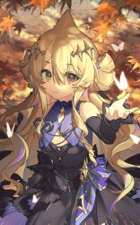 1girl autumn autumn_leaves bad_source blonde_hair breasts bug butterfly detached_sleeves diamond_cutout double_bun dress facing_viewer hair_between_eyes hair_bun hair_ornament heterochromia highres indie_virtual_youtuber insect kaofish leaf long_bangs long_hair looking_at_viewer official_art purple_dress red_eyes ribbon smile standing star_(symbol) star_hair_ornament upper_body yellow_eyes