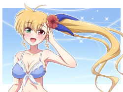 1girl ahoge bikini blonde_hair blue_background blue_bikini breasts cleavage commentary flower frilled_bikini frills front-tie_bikini_top front-tie_top green_eyes hair_flower hair_ornament heterochromia highres long_hair lyrical_nanoha mahou_shoujo_lyrical_nanoha_vivid medium_breasts red_eyes side_ponytail smile solo sparkle_background swimsuit vivio yosuzu
