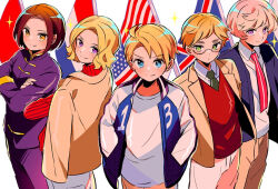 5boys america_(hetalia) american_flag axis_powers_hetalia black-framed_eyewear blonde_hair blue_eyes blue_jacket brown_eyes brown_hair brown_jacket brown_pants china_(hetalia) chinese_clothes closed_mouth collared_shirt cowboy_shot crossed_arms france_(hetalia) french_flag from_side glasses green_eyes green_necktie hands_in_pockets jacket lapels long_sleeves looking_at_viewer male_focus mandarin_collar multiple_boys necktie number_print open_clothes open_jacket pants people&#039;s_republic_of_china_flag pink_necktie puffy_long_sleeves puffy_sleeves purple_eyes purple_jacket purple_pants purple_shirt red_sweater red_vest russia_(hetalia) russian_flag sanamaru_(sana79261827) shirt short_hair smile sparkle standing sweater t-shirt turtleneck turtleneck_sweater union_jack united_kingdom_(hetalia) vest white_background white_hair white_pants white_shirt