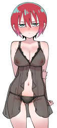 1girl amate_yuzuriha aqua_eyes babydoll bare_shoulders black_babydoll black_panties blush breasts cleavage covered_erect_nipples gundam gundam_gquuuuuux looking_at_viewer medium_breasts navel panties red_hair short_hair shouji_nigou solo underwear