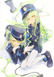 2girls absurdres black_hat black_jacket black_shoes black_shorts black_skirt blue_archive gloves green_hair hair_between_eyes hat highres hikari_(blue_archive) ichika_(ichika87) jacket long_hair lying multiple_girls nozomi_(blue_archive) on_stomach open_mouth pantyhose peaked_cap pointy_ears shoes shorts sidelocks skirt white_gloves white_pantyhose yellow_eyes