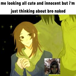 Rule 34 | 1boy, 1girl, black coat, brown eyes, brown hair, clothed female nude male, coat, cry of fear, green scarf, head tilt, hetero, highres, holding own hand, impact (font), konicomchiee, medium hair, multiple views, no shirt, nude, omniscient reader&#039;s viewpoint, out of frame, pectorals, reference inset, scarf, self-harm scar, simon henriksson, smile, sophie (cry of fear), sparkle, toned, toned male, wrist cutting