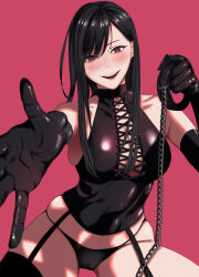 Rule 34 | 1girl, absurdres, bare shoulders, black collar, black dress, black gloves, black hair, black panties, black thighhighs, blush, breasts, brown eyes, chain, chain leash, collar, dominatrix, dress, elbow gloves, feet out of frame, femdom, garter straps, gloves, highres, hirariha s, holding, holding collar, latex, latex dress, latex gloves, latex panties, latex thighhighs, leash, long hair, looking at viewer, medium breasts, open mouth, original, panties, red background, sidelocks, simple background, sitting, smile, solo, strapless, strapless dress, teeth, thighhighs, underwear, upper teeth only