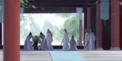6+boys black_hair black_hanfu carpet chinese_clothes clenched_hands falling_leaves hand_on_another&#039;s_shoulder hands_on_lap hanfu headband holding holding_another&#039;s_wrist holding_stick lan_wangji leaf long_hair long_sidelocks long_sleeves male_focus modao_zushi mountain multiple_boys open_mouth outdoors pants pillar red_sash sash seiza sidelocks sitting stick topknot tree wei_wuxian white_hanfu white_headband white_pants white_sash wide_sleeves xianduguaitan xiao_guan_(headdress)
