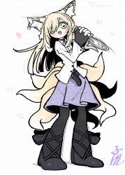 1girl alternate_costume animal_ears arknights black_pantyhose blonde_hair dosei_no_kozika fox_ears fox_girl fox_tail full_body green_eyes heart highres holding jacket kitsune kyuubi long_hair multiple_tails pantyhose purple_skirt skirt solo suzuran_(arknights) tail white_background white_jacket