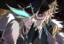 1boy aventurine_(boss)_(honkai:_star_rail) aventurine_(honkai:_star_rail) black_background black_hat black_jacket blue_eyes blue_shirt broken_glass collared_shirt commentary_request dual_persona earrings fur-trimmed_jacket fur_trim glass hat highres honkai:_star_rail honkai_(series) jacket jewelry looking_at_viewer male_focus multicolored_eyes neck_tattoo open_clothes open_jacket pink-tinted_eyewear purple_eyes semi-rimless_eyewear shirt single_earring smile solo sunglasses tattoo teeth tinted_eyewear two-tone_background v-shaped_eyebrows watermark yellow-framed_eyewear yellow_background zui_zui3