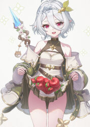 1girl antenna_hair apple bare_shoulders belt_pouch black_choker braid breasts choker clothes_lift detached_sleeves dress elf flower food fruit green_dress hair_between_eyes hair_ornament highres kokkoro_(princess_connect!) kokkoro_(ranger)_(princess_connect!) lifting_own_clothes looking_at_viewer natsugou_shinogi open_mouth pointy_ears pouch princess_connect! red_eyes short_hair small_breasts solo staff standing teeth thighs upper_teeth_only white_background white_hair wide_sleeves