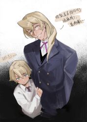 Rule 34 | 2boys, age difference, aged down, blonde hair, blue eyes, blue jacket, breast pocket, collared shirt, drill hair, glasses, head tilt, highres, jacket, long hair, multiple boys, neck ribbon, pink ribbon, pocket, ribbon, semi-rimless eyewear, shirt, short hair, side drill, suit jacket, swept bangs, wogesb