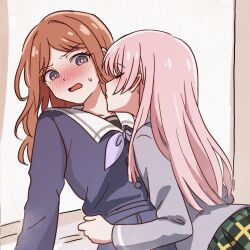 2girls absurdres bang_dream! bang_dream!_it&#039;s_mygo!!!!! blue_eyes blue_shirt blush chihaya_anon closed_eyes commentary_request green_skirt grey_jacket hand_on_another&#039;s_waist haneoka_school_uniform highres jacket krill55 licking licking_another&#039;s_neck long_hair long_sleeves multiple_girls nagasaki_soyo open_mouth pink_hair pleated_skirt red_eyes sailor_collar school_uniform shirt skirt sweatdrop tsukinomori_school_uniform white_sailor_collar yuri