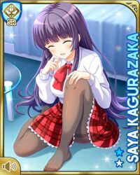 1girl bed bedroom bow brown_hair card_(medium) character_name closed_eyes girlfriend_(kari) grey_legwear indoors kagurazaka_saya kneeling leggings long_hair long_sleeves looking_at_viewer night official_art open_mouth plaid_clothes plaid_skirt pleated_skirt purple_hair qp:flapper red_bow red_eyes red_skirt school school_uniform shirt skirt smile tagme white_shirt