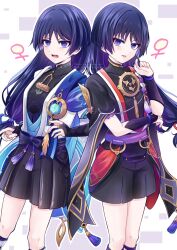 Rule 34 | 2girls, alternate hair length, alternate hairstyle, anemo symbol (genshin impact), animal print, armor, belt, bird print, black belt, black bodysuit, black bow, black bridal gauntlets, black kimono, black shorts, black sleeves, blue cape, blue gemstone, blue kimono, blue sleeves, blunt ends, bodysuit, bow, breasts, bridal gauntlets, cape, covered collarbone, dual persona, eyeliner, eyeshadow, feathers, fingernails, furisode, gem, genderswap, genderswap (mtf), genshin impact, gold, gold ring, hair tie, hakama, hakama shorts, highres, hip vent, japanese armor, japanese clothes, jewelry, juban, kimono, kote, kurokote, layered sleeves, looking at viewer, makeup, mandarin collar, medium breasts, middle ring, mitsudomoe (shape), multiple girls, natuo e, neck ring, o-ring, open clothes, open kimono, open mouth, pleated shorts, pom pom (clothes), purple eyes, purple hair, purple rope, purple sash, purple sleeves, red eyeliner, red eyeshadow, red kimono, red sash, rope, sash, scaramouche (genshin impact), shimenawa, short sleeves, shorts, shoulder peek, tassel, teeth, tomoe (symbol), tongue, tongue out, venus symbol, vision (genshin impact), wanderer (genshin impact), white kimono, white rope, white sleeves, white trim, wispy bangs, yellow feathers