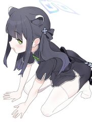 1girl absurdres animal_ear_fluff animal_ears arm_support black_bow black_dress black_hair black_ribbon blue_archive blush bow china_dress chinese_clothes dress from_above from_side full_body green_eyes hair_ribbon half-closed_eyes halo highres kneeling long_hair looking_at_viewer looking_to_the_side looking_up no_panties no_shoes open_mouth profile raised_eyebrows ribbon short_sleeves shun_(blue_archive) shun_(small)_(blue_archive) side_slit sidelocks simple_background smirk solo thighhighs twintails waist_bow what_a white_background white_thighhighs