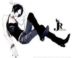1girl bad_id bad_pixiv_id black_hair black_nails boots cigarette denim fashion female_focus jeans nail_polish nana_(series) osaki_nana pants pants_tucked_in short_hair solo takenaka