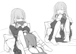 2girls absurdres bang_dream! bang_dream!_it&#039;s_mygo!!!!! between_legs blush choker commentary cunnilingus dress frilled_choker frills hair_ornament hairclip hand_on_another&#039;s_thigh hashtag-only_commentary highres hugging_object kaeru_(kaeee41917105) long_hair long_sleeves multiple_girls off-shoulder_shirt off_shoulder open_mouth oral pillow pussy_juice shirt short_hair socks stuffed_animal stuffed_toy teddy_bear wakaba_mutsumi yuri yuutenji_nyamu