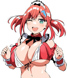 1girl belko bikini black_bow black_bowtie blush bow bowtie breasts cleavage dolphin_hair_ornament dolphin_wave green_eyes hair_ornament highres large_breasts looking_at_viewer maid maid_bikini maid_headdress one_eye_closed open_mouth red_bikini red_hair sakimiya_iruka simple_background sketch solo swimsuit teeth unconventional_maid upper_teeth_only white_background