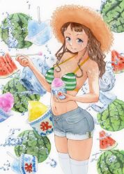 1girl bikini blue_eyes breasts brown_hair cowboy_shot denim denim_shorts food fruit green_bikini grin hat highres holding holding_spoon ice ice_cream_spoon ice_cube light_blush long_hair medium_breasts navel orange_hat original painting_(medium) shaved_ice shorts smile solo splashing spoon stomach straw_hat summer swimsuit thighhighs thighs traditional_media uryan! watercolor_(medium) watermelon watermelon_slice white_background white_thighhighs