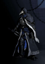 animal_skull armor bird_skull breastplate brick_wall chain cloak feathers feaurievladskov full_armor gauntlets greaves highres hololive hololive_english hood hooded_cloak jailbird_(nerissa_ravencroft) knight mask nerissa_ravencroft plate_armor skull_mask sword virtual_youtuber weapon