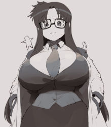 1girl alternate_breast_size breasts glasses hands_in_pockets huge_breasts impossible_clothes long_hair magister messy_hair monochrome necktie open_clothes parted_bangs read_or_die solo vest waistcoat yomiko_readman