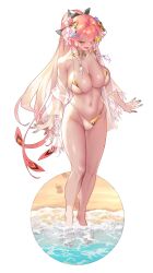 1girl alternate_costume bare_legs bare_shoulders barefoot bikini black_bow bow braid breasts changli_(wuthering_waves) collarbone commentary cropped english_commentary feather_hair fingernails flower groin hair_bow hair_extensions hair_flower hair_ornament half-closed_eyes highleg highleg_bikini highres large_breasts legs light_blush long_hair looking_down multicolored_hair nail_polish navel open_mouth pink_hair pink_nails ring_hair_extensions simple_background smile solo stomach swimsuit thighs toenail_polish toenails twin_braids two-tone_hair wading white_background white_bikini white_hair wuthering_waves xxinainaxx yellow_eyes