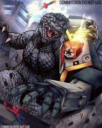 1boy armor battle bodysuit crossover giant giant_monster godzilla godzilla_(series) highres jaw kaiju leopardon long_tail marvel mask mecha monster open_mouth robot scales science_fiction sharp_teeth spider-man_(series) spider-man_(toei) spider_web_print spines super_robot superhero_costume sword tail teeth thomdotartz tokusatsu v-fin weapon yamashiro_takuya yellow_eyes