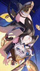 1girl absurdres animal_ears animal_hood armored_boots belt black_gloves blue_eyes boots breasts cat_ears cat_girl cat_hood cat_tail cipher_(honkai:_star_rail) clothing_cutout commentary fingerless_gloves gem gloves gold_boots grey_hair highres holding holding_gem honkai:_star_rail honkai_(series) hood hooded_leotard large_breasts luto mole mole_on_breast navel navel_cutout open_mouth short_hair_with_long_locks solo tail thigh_belt thigh_strap thighs upside-down