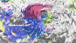 1girl closed_eyes dress eurasia_enne_zahard floating_hair flower frilled_dress frills highres holding holding_sword holding_weapon kapxapius long_hair motion_blur motion_lines multicolored_flower original petals purple_dress red_hair signature solo sword tower_of_god weapon wind